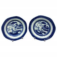 WCI-8468z: Circa 1800-1830 Pair of Chinese Export Blue Canton Soup Plates