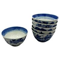 WCI-8480z: 19th Century Assembled set of 6 Blue Canton Small Rice or Soup Bowls, Chinese