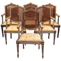WDC-583z: Late 18th Century Set of 6 Painted & Parcel Gilt Arm Chairs, Italian