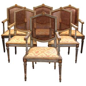 WDC-583z: Late 18th Century Set of 6 Painted &amp; Parcel Gilt Arm Chairs, Italian