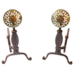 WFE-269z: Circa 1950s Pair of Iron &amp; Brass Andirons by Virginia Metalcrafters