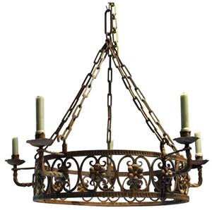 WL-1481z: Early 20th Century Wrought Iron 5-candle Chandelier