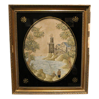 WLI-299z: Mid-19th Century Framed Embroidery of Lighthouse and Fishermen